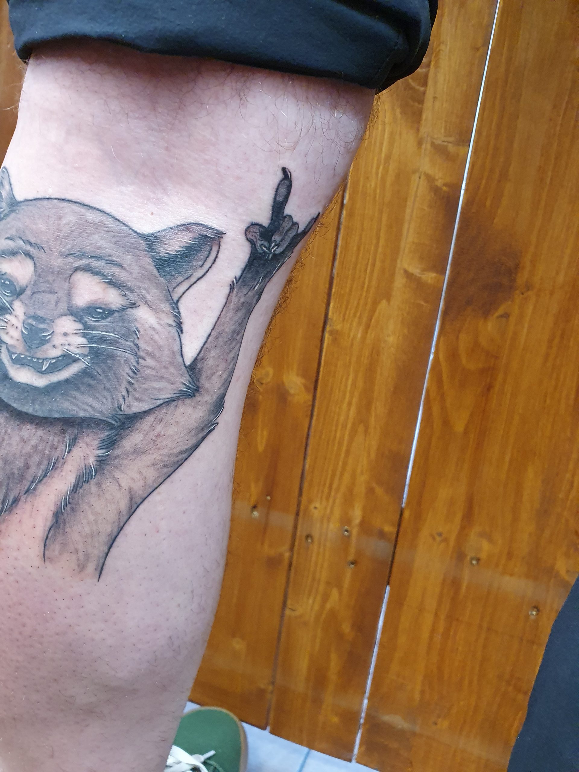 Waschbär Tattoo am Bein – Fräulein Hedera, Herrenberg