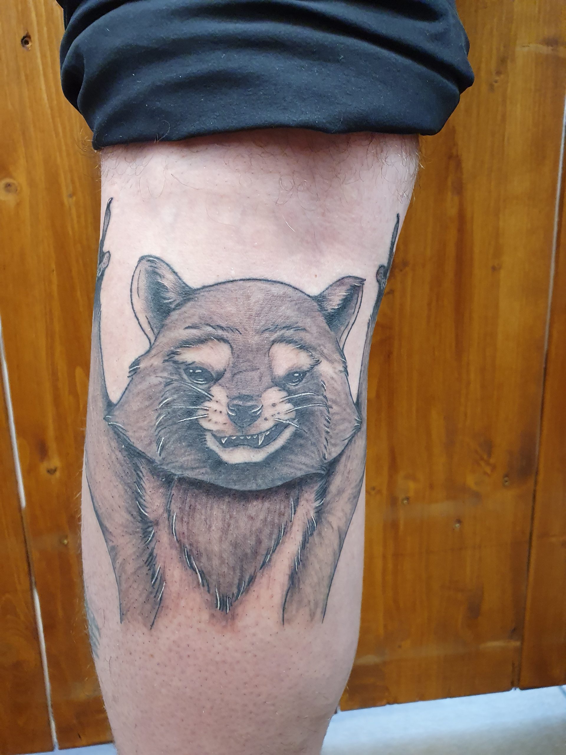 Waschbär Tattoo am Bein – Fräulein Hedera, Herrenberg